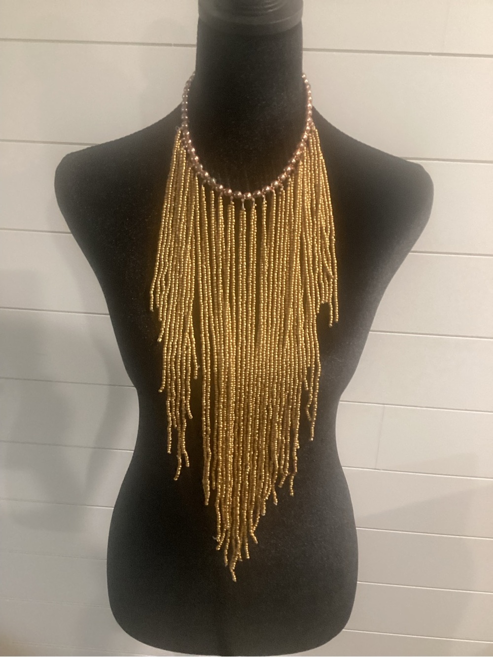nOir Jewelry Gold Beaded Fringe Statement Necklace
